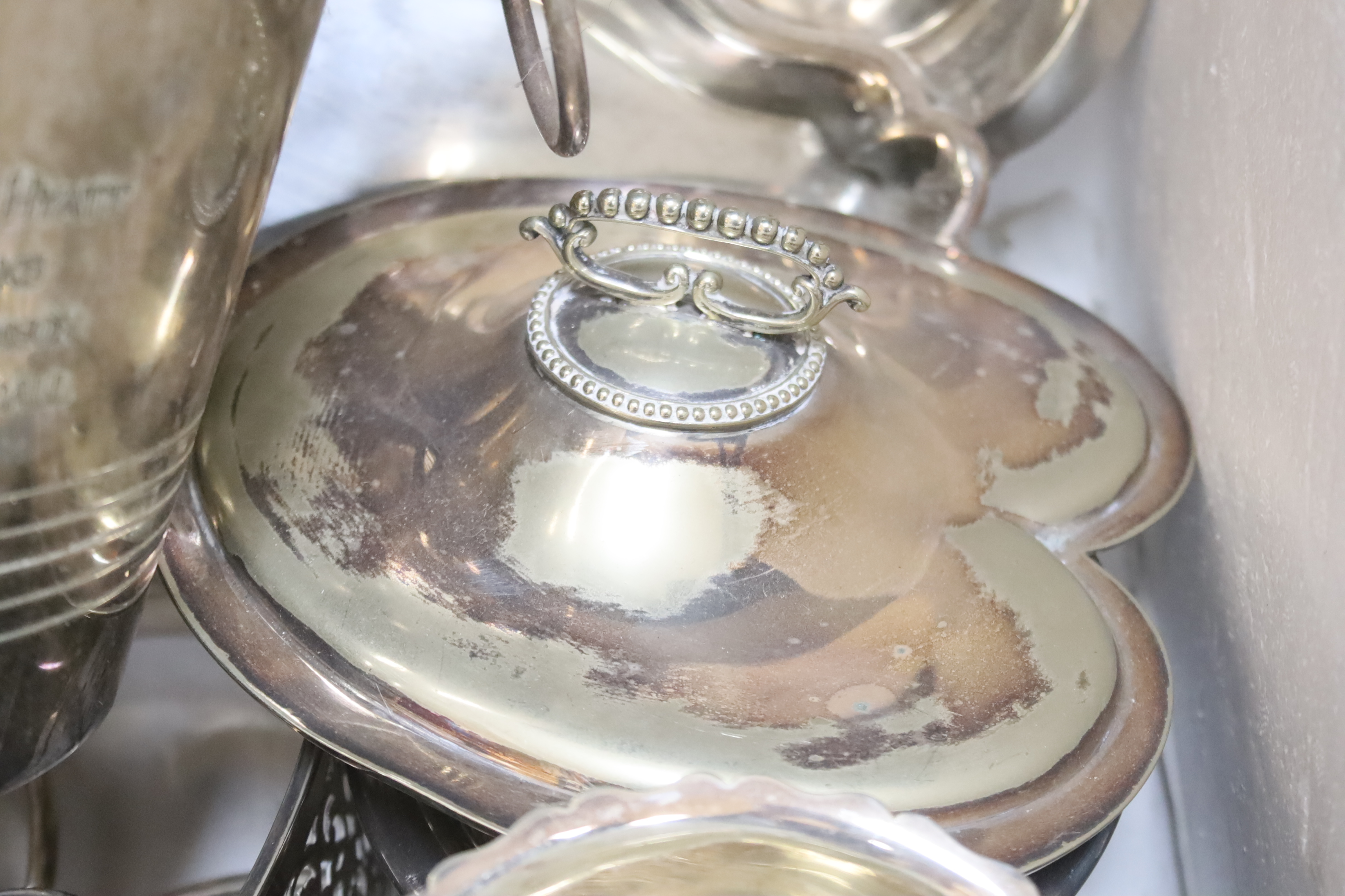 Mixed plated wares including ice bucket and heart shaped vegetable dish and cover